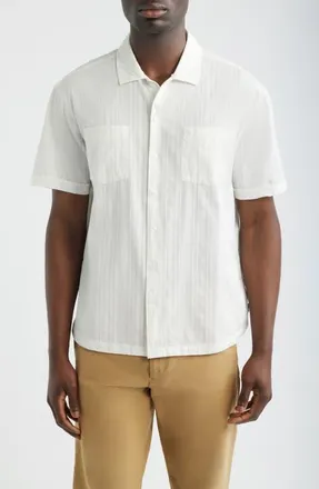 Brixton The Vintage Embroidered Stripe Short Sleeve Cotton Button-Up Shirt in Off White Jacquard Stripe at Nordstrom, Size Xx-Large
