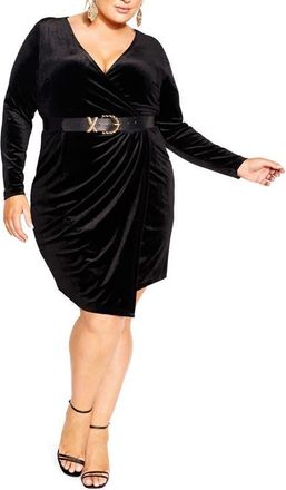 City Chic Wrap Bodice Long Sleeve Velvet Dress in Black at Nordstrom