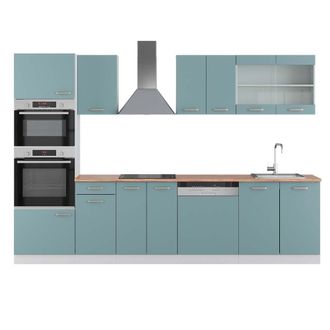 Vicco Mueble De Cocina R-line, Azul-gris-blanco, 300 Cm Con Armario Alto, Et Roble