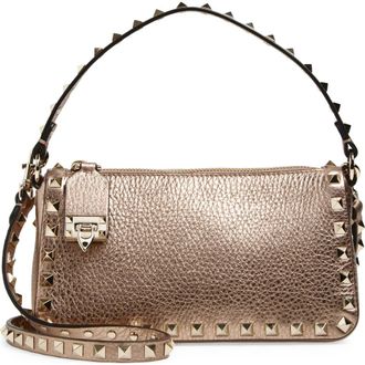 Valentino Garavani Small Rockstud Grained Metallic Leather Shoulder Bag in Rose at Nordstrom