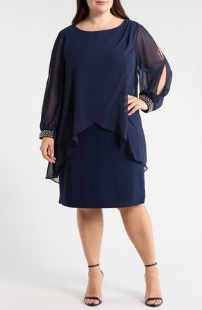 S.L. Fashions Beaded Overlay Long Sleeve Chiffon Cocktail Dress in Navy at Nordstrom, Size 14W