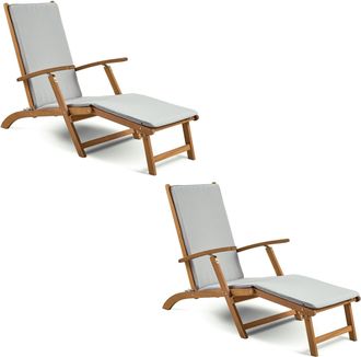 VonHaus Set of 2 Cushioned Acacia Wooden Folding Sun Lounger