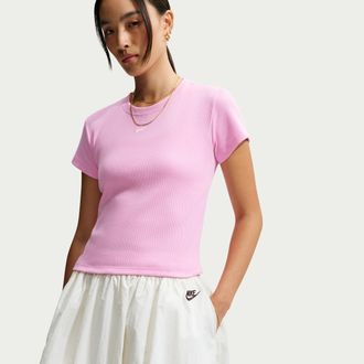 Nike Womens Nike Sportswear Tight Ribbed Short-Sleeve T-Shirt in Pink | HV4994-622