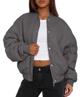 PrettyGarden Womens Quilted Bomber Jacket Lightweight Cropped Zip up Outerwear 2025 Fashion Winter Puffer Coats with Pockets, Dark Grey, M