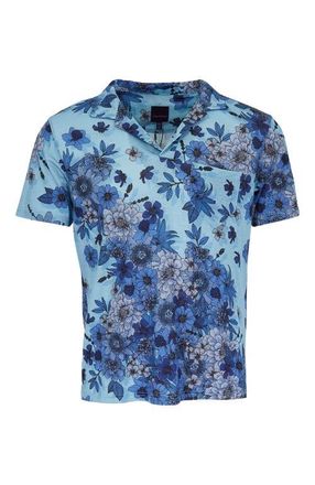 Lords of Harlech Bobby Merino Wool Johnny Collar Polo in Valencia Floral Teal at Nordstrom, Size Xx-Large