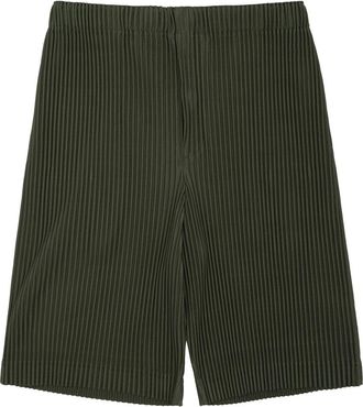 Homme Pliss&eacute; Issey Miyake Pleated Green Shorts with Vertical Ribbing