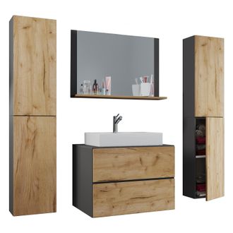 ebuy24 Vcm 5pcs Lavabo Lavabo Gabinete Inferior Ancho 60 Cm Muebles De Ba&ntilde;o Conjunto Con Cajones Puertas Giratorias Espejo Lendas Xl Caj&oacute;n (antracita / Roble