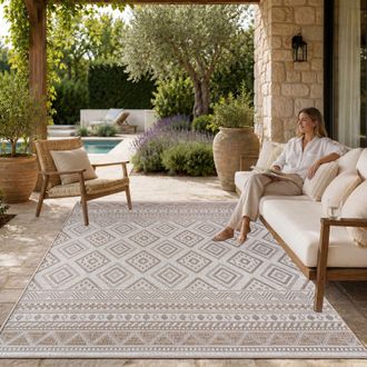 Paco Home Alfombra Exterior Interior Balc&oacute;n Terraza Cocina Motivo Boho &Eacute;tnico Moderno 133x190 Cm, Beige 2 - Paco Home