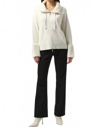 Joseph Ribkoff Long Sleeve Knit Coat With Fur Trim In Off White
