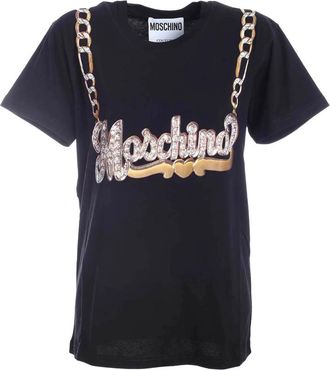Moschino Stijlvolle Zwarte Ketting T-Shirt - Dames - T-shirts - Zwart - XS - Katoen - Tops