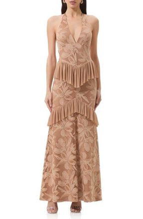 AFRM Athens Floral Lace Ruffle Halter Maxi Dress in Almond at Nordstrom, Size X-Small