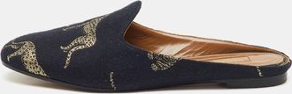 Aquazzura Black Jacquard Panther Embroidered Flat Mules