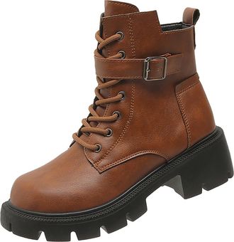 Generic Boots Womens And Winter British Biker Boots Thick Bottom Belt Buckle Retro Short Boots Large Size Boots Women S Boots Leather (Brown, 6.5)