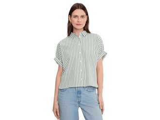 Lilla P Striped Oversized Button Down Dolman Womens Clothing Pool Stripe : MD, Cotton
