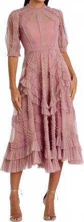 Mac Duggal High Neck Ruffle Tiered A-Line Midi Dress In Antique Rose