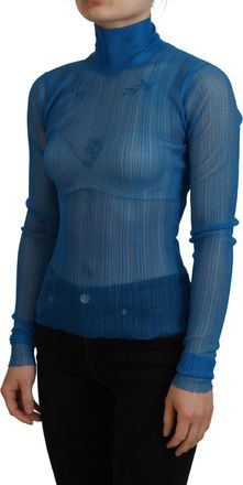 Dolce & Gabbana Womens Blue Mesh Turtleneck Long Sleeve Blouse Top Polyester