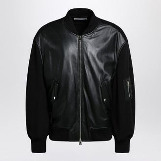 Givenchy Mens Black Leather Bomber Jacket With Wool Sleeves - Size X-Large