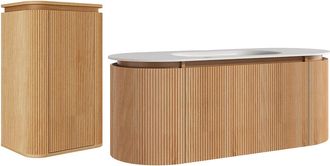 Vente-Unique Mueble de ba&ntilde;o suspendido estriado en madera de fresno con lavabo encastrado y columna - Natural claro - 120 cm - LILIKO