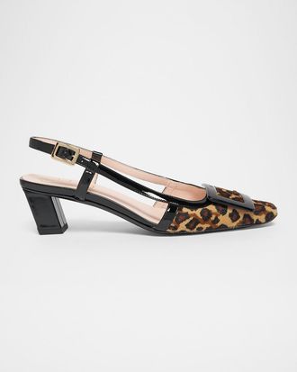 Roger Vivier Belle Vivier Leopard Calf Hair Buckle Slingback Pumps