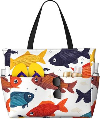 Generic Colorful Fish Print Large Beach Bag Foldable Travel Shoulder Tote Bag With Pocket For Weekender Pool Vacation