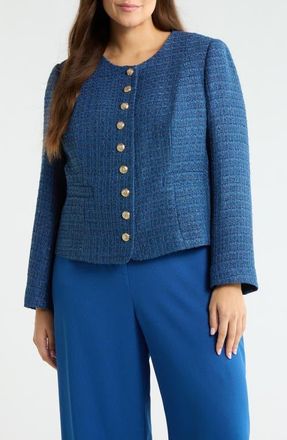Tahari by ASL Collarless Boucl&eacute; Jacket in Riverside Blue at Nordstrom, Size 14W