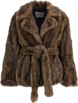 Stand Studio Beige Silena Robe-Style Soft Faux Fur Belted Jacket