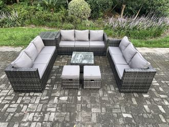 Fimous 11 Seater Outdoor Rattan Garden Furniture Set Patio Lounge Sofa Set with Side Table Square Coffee Table in Dark Grey