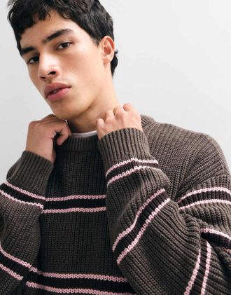 Abercrombie & Fitch maglione girocollo in cotone a righe marroni e rosa-Multicolore