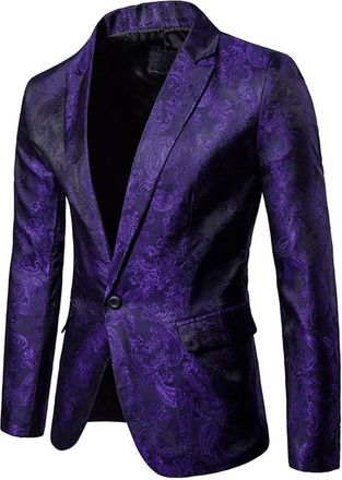 Generic Men Suit Jacket Classic Lapel Men Blazer Slim Fit Luxury Hot Stamping Print Men Suit Spring Autumn Urban Banquet Men Longsleeve Suit A-Purple L