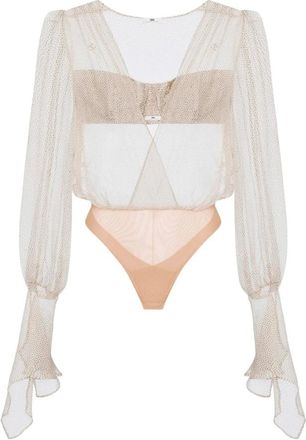Elisabetta Franchi Tops, Dames, Beige, L, Crepon Bodysuit met Micro-polkadots