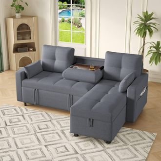 Merax Reversible L-Shaped Corner Sofa Bed with Drop-Down Cup Holder Table in Grey