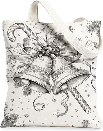 Generic Christmas Bells Canvas Tote Bags, Vintage Holiday Design Reusable Grocery Bags, Lightweight Washable Shoulder Strap Canvas for Gym Outdoor Travel Picn