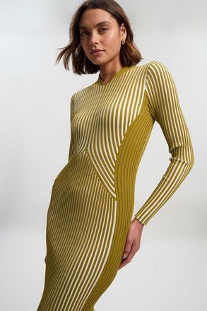Karen Millen Womens Stripe Fitted Long Sleeve Knitted Midi Dress - Green Polyamide - Size X-Small
