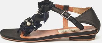 Lanvin Black Satin Crystals Embellished Flat Sandals