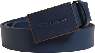Dolce & Gabbana Men Blue Calf Leather Logo Metal Buckle Belt