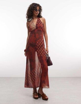 Reclaimed Vintage Vestito lungo allacciato al collo in chiffon con stampa mista-Multicolore