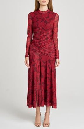 Wayf Selene Floral Ruched Long Sleeve Mesh Dress in Scarlet Roses at Nordstrom Rack, Size Medium