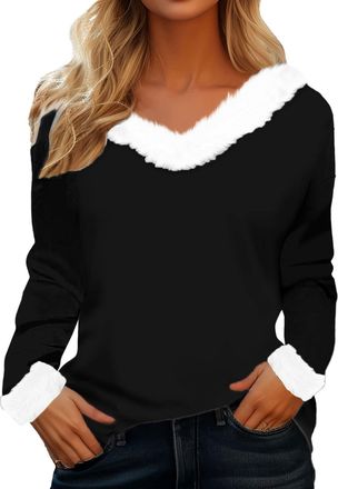 Generic Fluffy Christmas Jumpers for Women Fuzzy Faux Fur Trim Long Sleeve V Neck T Shirt Plush Collar Sweatshirt Xmas Pullover Tops, A01-Black, L