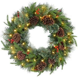 HOMCOM 60cm Christmas Wreath with LED Lights Pine Cones Red Berries Green | TJ Hughes