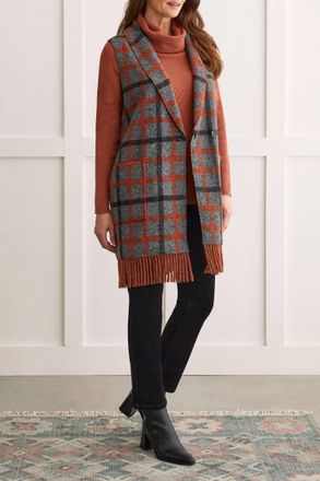 Tribal Plaid Fringed Long Vest In Red Grey