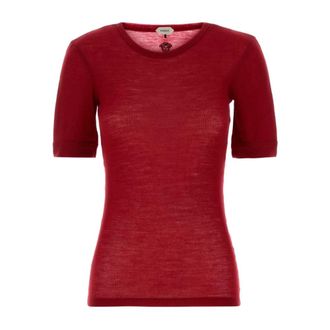Versace T-Shirts, female, Red, Size: 2XS Embroidered Wool Ribbed Knit T-shirt