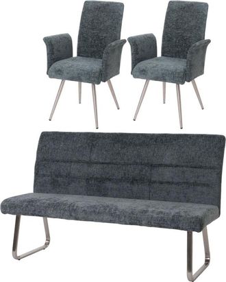 Hhg Hhg - Juego De Comedor 221, Juego De 2 Sillas Con Reposabrazos + Banqueta 180cm, Acero Inoxidable Cepillado Tela/textil Chenilla, Gris Oscuro