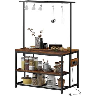 HOMCOM Estanter&iacute;a De Cocina Con Toma De Corriente Estante De Cocina Industrial Con Estantes Ganchos 116x70x182 Cm Marr&oacute;n R&uacute;stico - Homcom