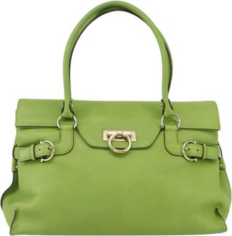 Ferragamo Virna Satchel Leather Green Leather Handbag (Pre-Owned)