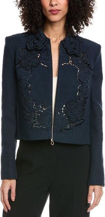 Oscar De La Renta Floral Detail Tweed Silk-Lined Wool-Blend Jacket