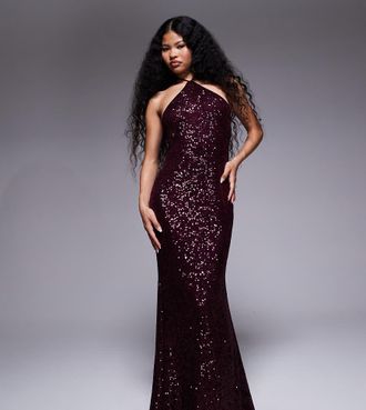 Asos Petite ASOS DESIGN Petite - Vestito lungo in paillettes bordeaux allacciato al collo-Rosso