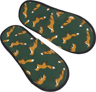 Generic Cotton Slippers Dark Green Fox Print Portable Fleece Slippers Warm House Shoes For Winter Home Spa L