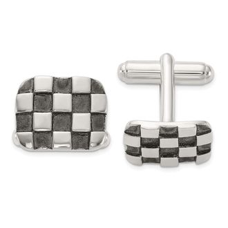 Diamond2Deal Sterling Silver Oxidized Brushed and Polished Checkerboard Cuff Links
