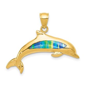 Diamond2Deal 14k Yellow Gold Lab Created Opal Dolphin Pendant