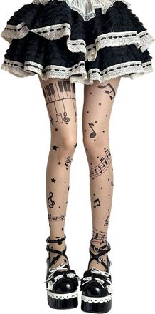 Generic Elegant Musical Note Pattern Sheer Tights Unique Design Black Opaque Pantyhose For Women (Beige, One Size)